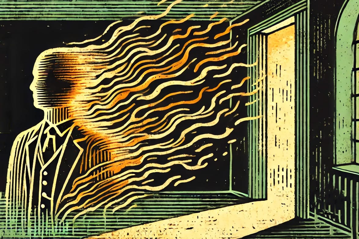 A man dissolving from the physical realm to the spiritual. Influenced by George Saunders's Vigil