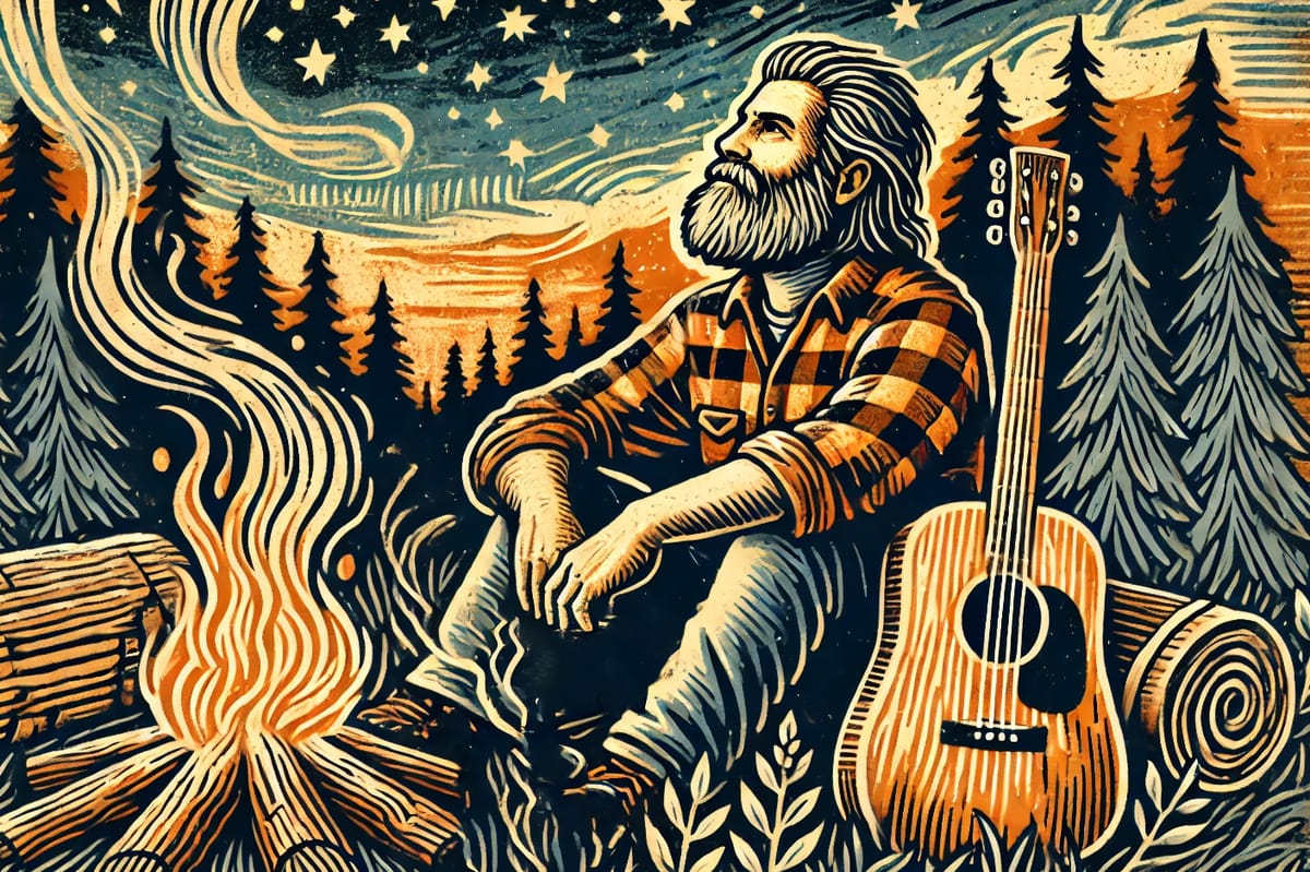 a wild gentleman sitting by a fire under a scarlet sky with a guitar grateful dead bob weir