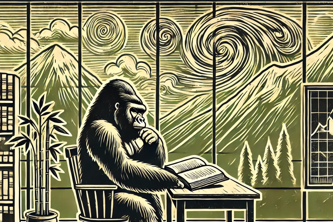 Ishmael a sentient gorilla learning about human history with a bamboo plant nearby and nature right out the window.
