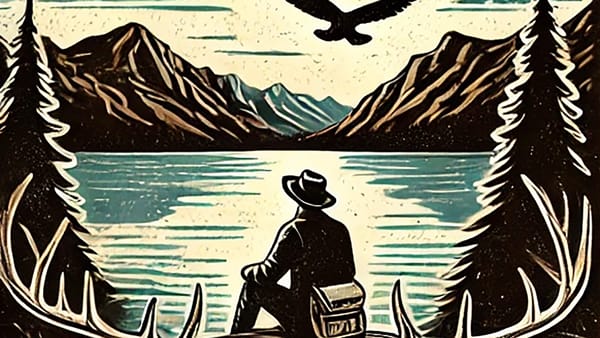 A wild gentleman pondering the wisdom of life outdoors at a lake.